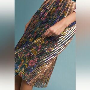 Maeve Printed Pleated Metallic Floral Midi Skirt